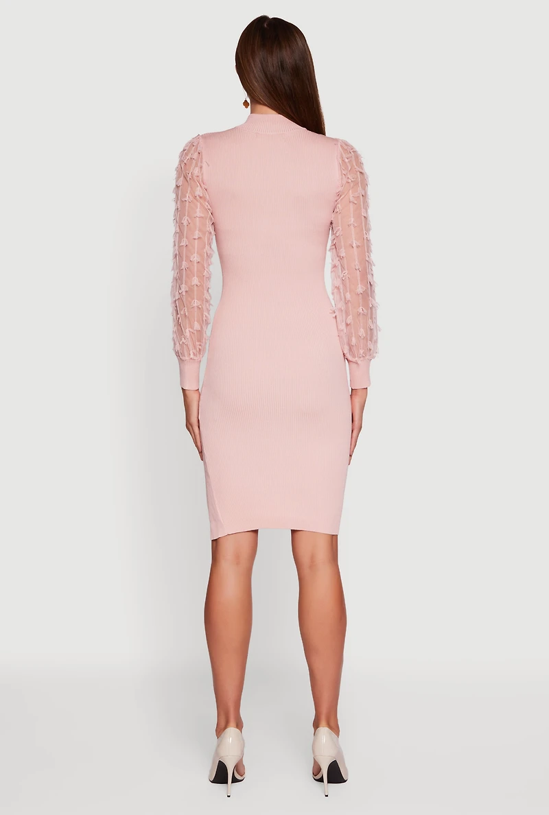 3D Bow Bubble Sleeve Mock Neck Side Slit Sweater Dress