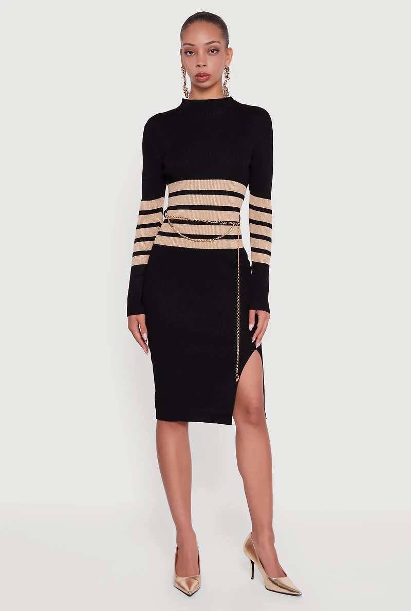 Womens Lurex Striped Side Slit Sweater Dress with Chain Belt, Black, Size M