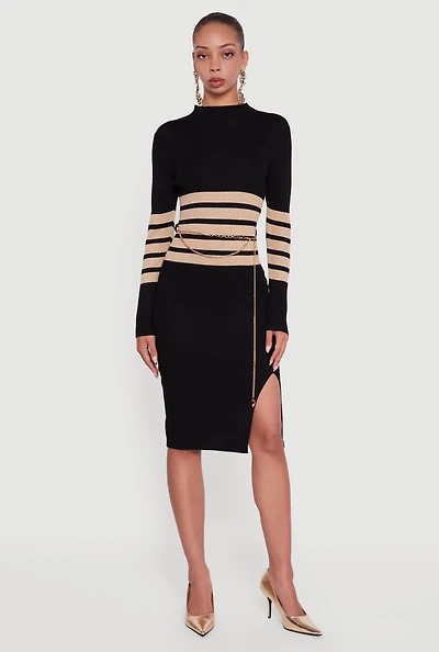 Womens Lurex Striped Side Slit Sweater Dress with Chain Belt, Black, Size M