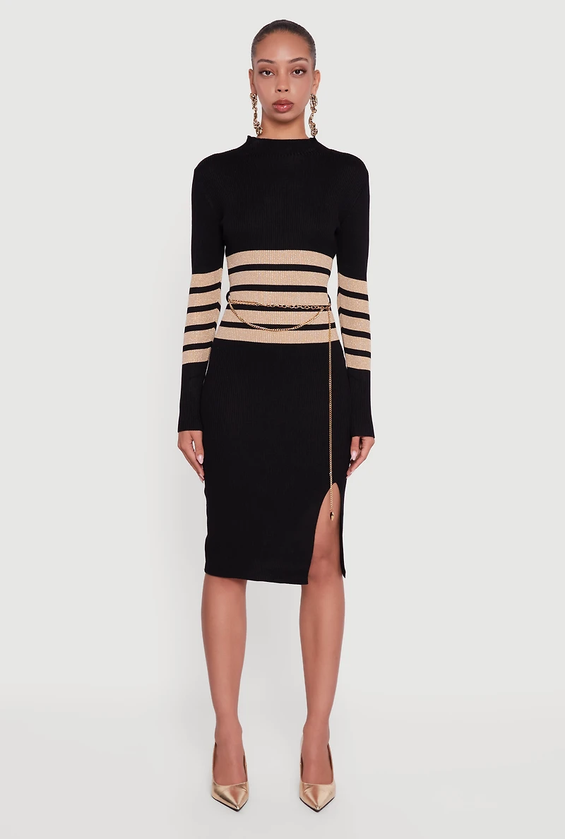 Womens Lurex Striped Side Slit Sweater Dress with Chain Belt, Black, Size M