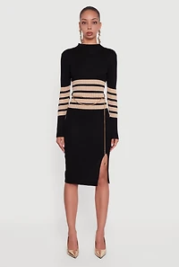 Womens Lurex Striped Side Slit Sweater Dress with Chain Belt, Black, Size M