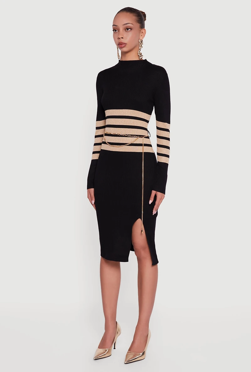 Womens Lurex Striped Side Slit Sweater Dress with Chain Belt, Black, Size M