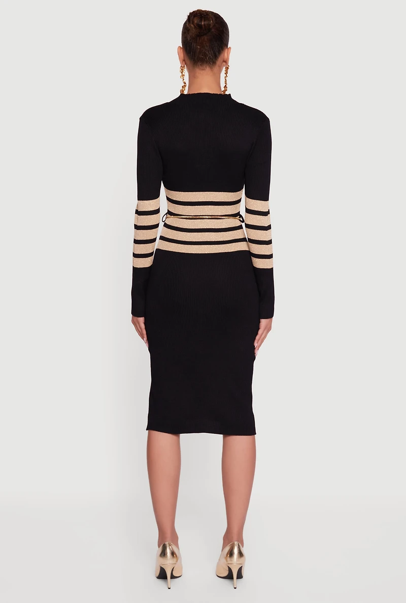 Lurex Striped Side Slit Sweater Dress with Chain Belt