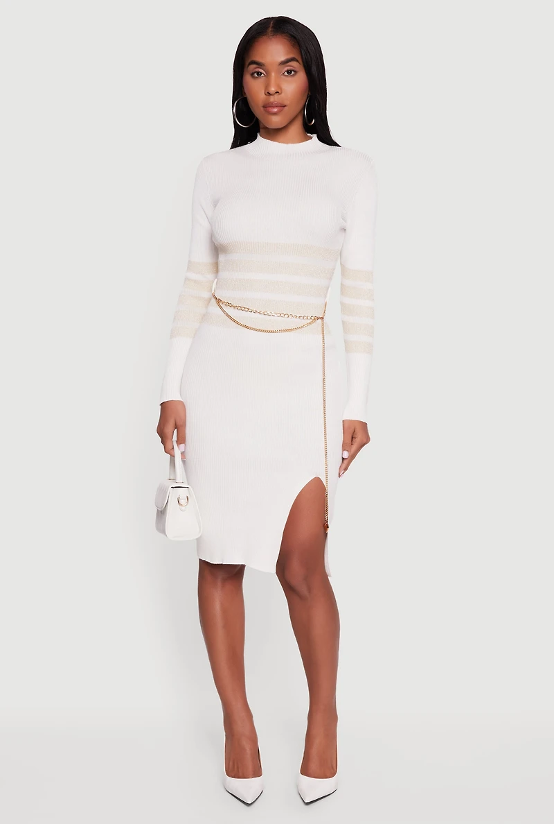 Womens Lurex Striped Side Slit Sweater Dress with Chain Belt, White,