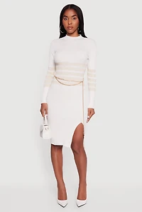 Womens Lurex Striped Side Slit Sweater Dress with Chain Belt, White,