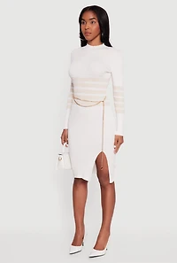 Womens Lurex Striped Side Slit Sweater Dress with Chain Belt, White,