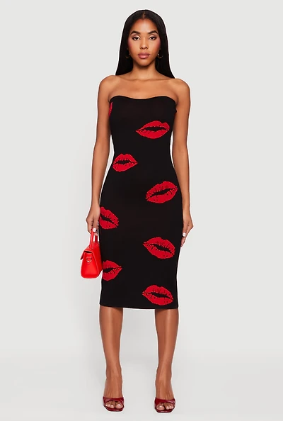Womens Almost Famous Lip Print Strapless Midi Dress, Black, Size XL