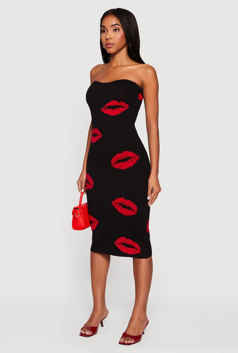 Womens Almost Famous Lip Print Strapless Midi Dress, Black, Size XL