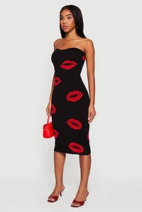 Womens Almost Famous Lip Print Strapless Midi Dress, Black, Size XL