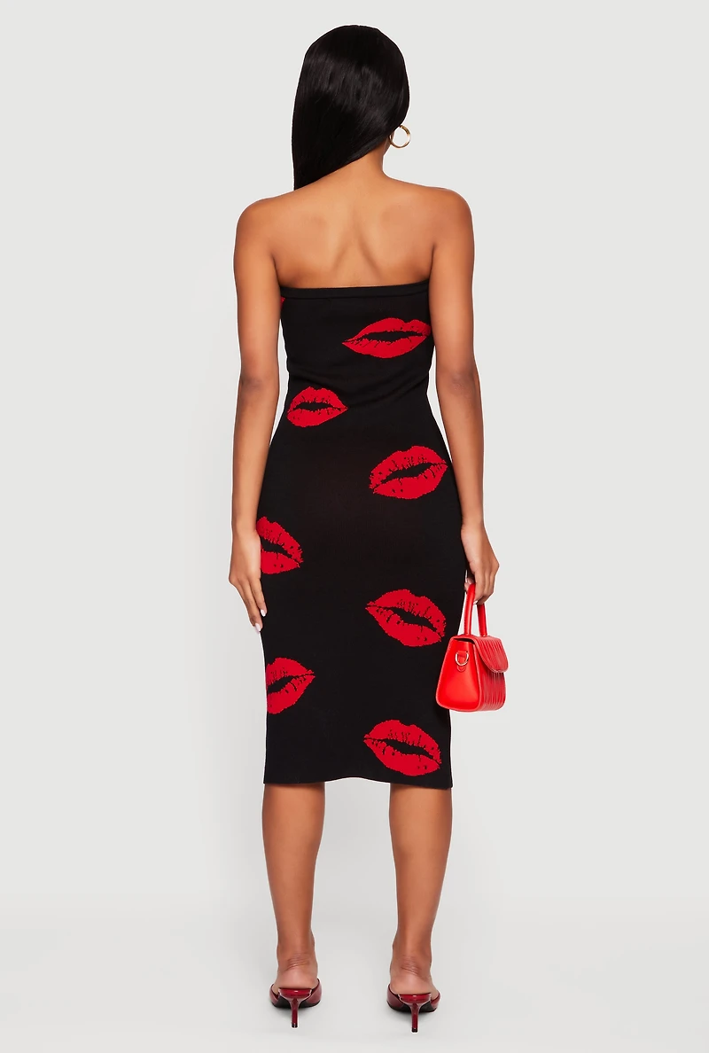 Womens Almost Famous Lip Print Strapless Midi Dress, Black, Size XL
