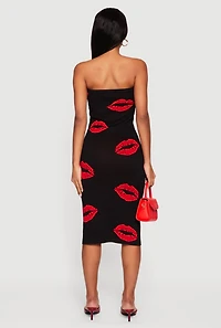 Womens Almost Famous Lip Print Strapless Midi Dress, Black, Size XL