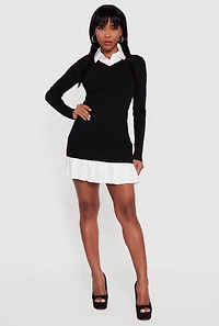 Womens Shirt Collar Layered Look Mini Sweater Dress, Black, Size M