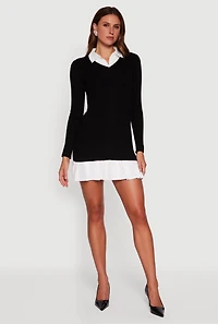 Shirt Collar Layered Look Mini Sweater Dress