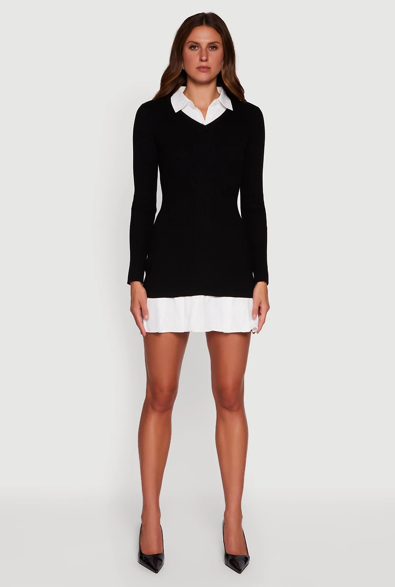 Womens Shirt Collar Layered Look Mini Sweater Dress, Black, Size M
