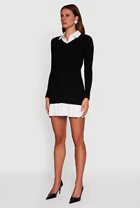 Womens Shirt Collar Layered Look Mini Sweater Dress, Black, Size M