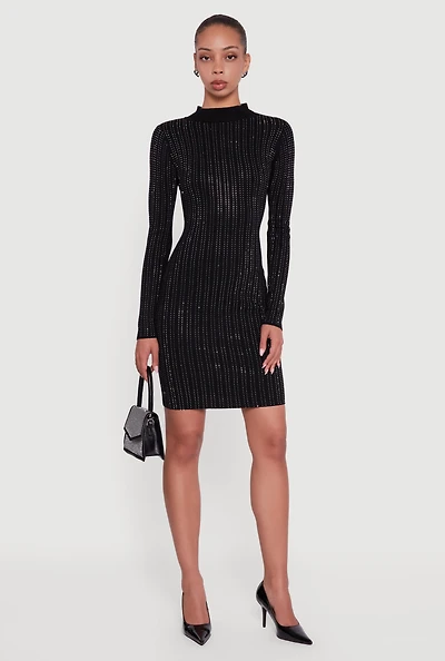 Womens Rhinestone Studded Ribbed Knit Mini Sweater Dress, Black, Size XL