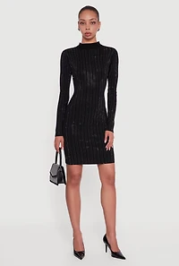 Womens Rhinestone Studded Ribbed Knit Mini Sweater Dress, Black, Size L
