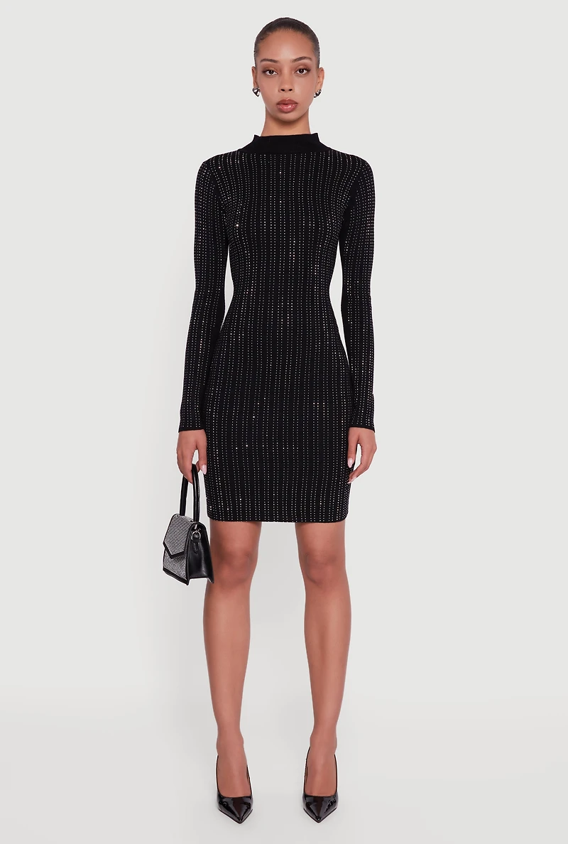 Womens Rhinestone Studded Ribbed Knit Mini Sweater Dress, Black, Size XL