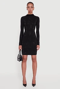 Womens Rhinestone Studded Ribbed Knit Mini Sweater Dress, Black, Size XL