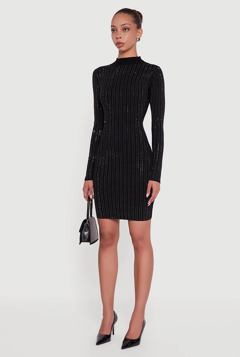 Womens Rhinestone Studded Ribbed Knit Mini Sweater Dress, Black, Size XL