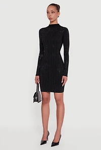 Womens Rhinestone Studded Ribbed Knit Mini Sweater Dress, Black, Size XL