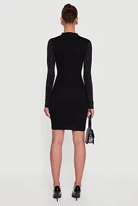 Womens Rhinestone Studded Ribbed Knit Mini Sweater Dress, Black, Size XL