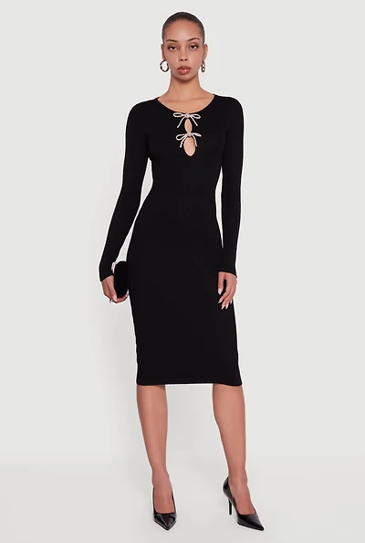Womens Almost Famous Double Rhinestone Bow Keyhole Sweater Dress, Black, Size XL