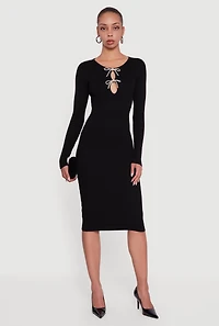 Womens Almost Famous Double Rhinestone Bow Keyhole Sweater Dress, Black, Size XL