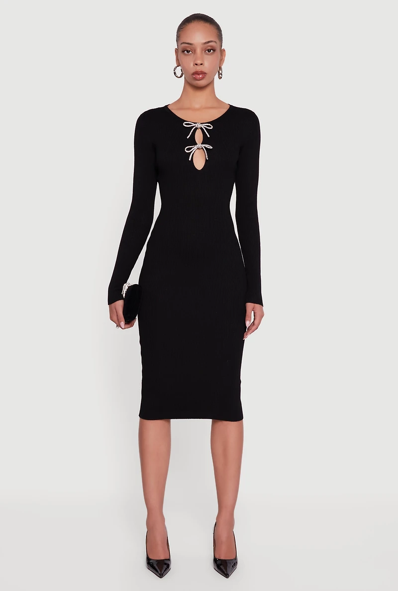 Womens Almost Famous Double Rhinestone Bow Keyhole Sweater Dress, Black, Size XL