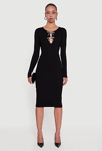 Womens Almost Famous Double Rhinestone Bow Keyhole Sweater Dress, Black, Size XL