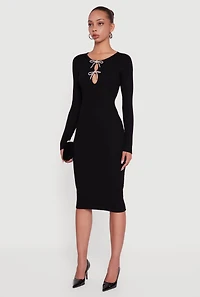 Womens Almost Famous Double Rhinestone Bow Keyhole Sweater Dress, Black, Size XL