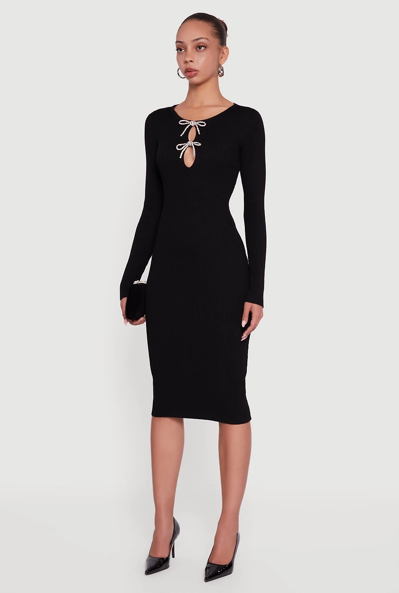 Womens Almost Famous Double Rhinestone Bow Keyhole Sweater Dress, Black, Size S