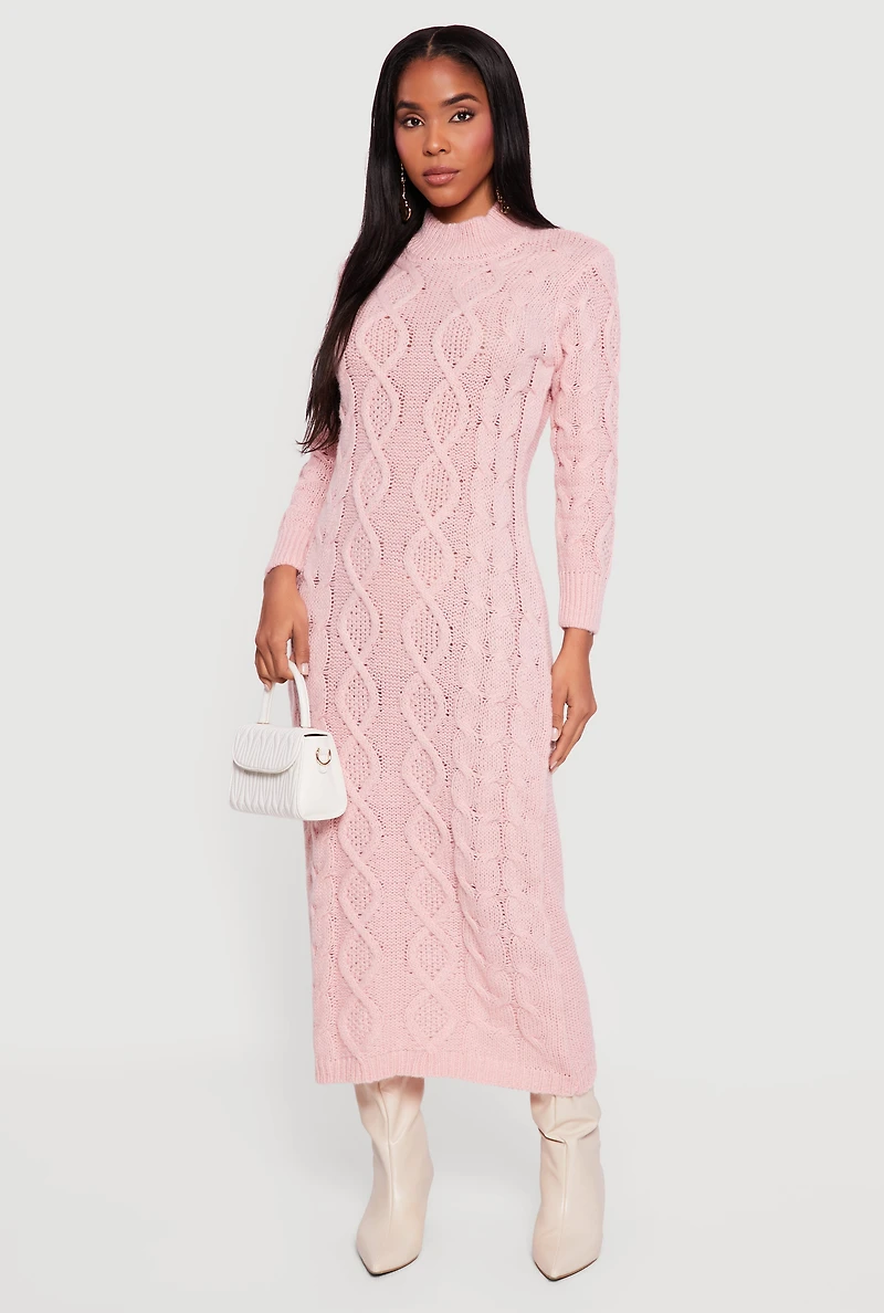 Long Sleeve Cable Knit Mock Neck Sweater Dress