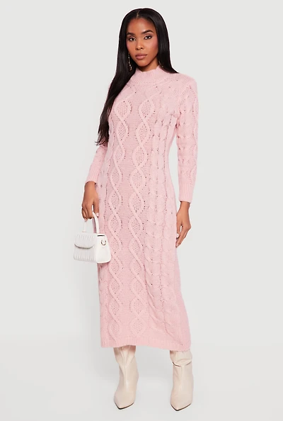 Long Sleeve Cable Knit Mock Neck Sweater Dress