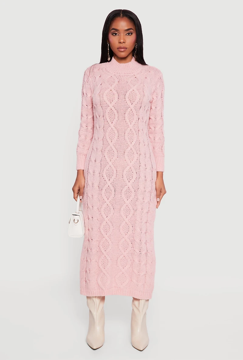 Long Sleeve Cable Knit Mock Neck Sweater Dress