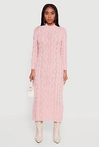 Long Sleeve Cable Knit Mock Neck Sweater Dress