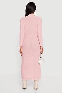 Womens Long Sleeve Cable Knit Mock Neck Sweater Dress, Pink, Size M