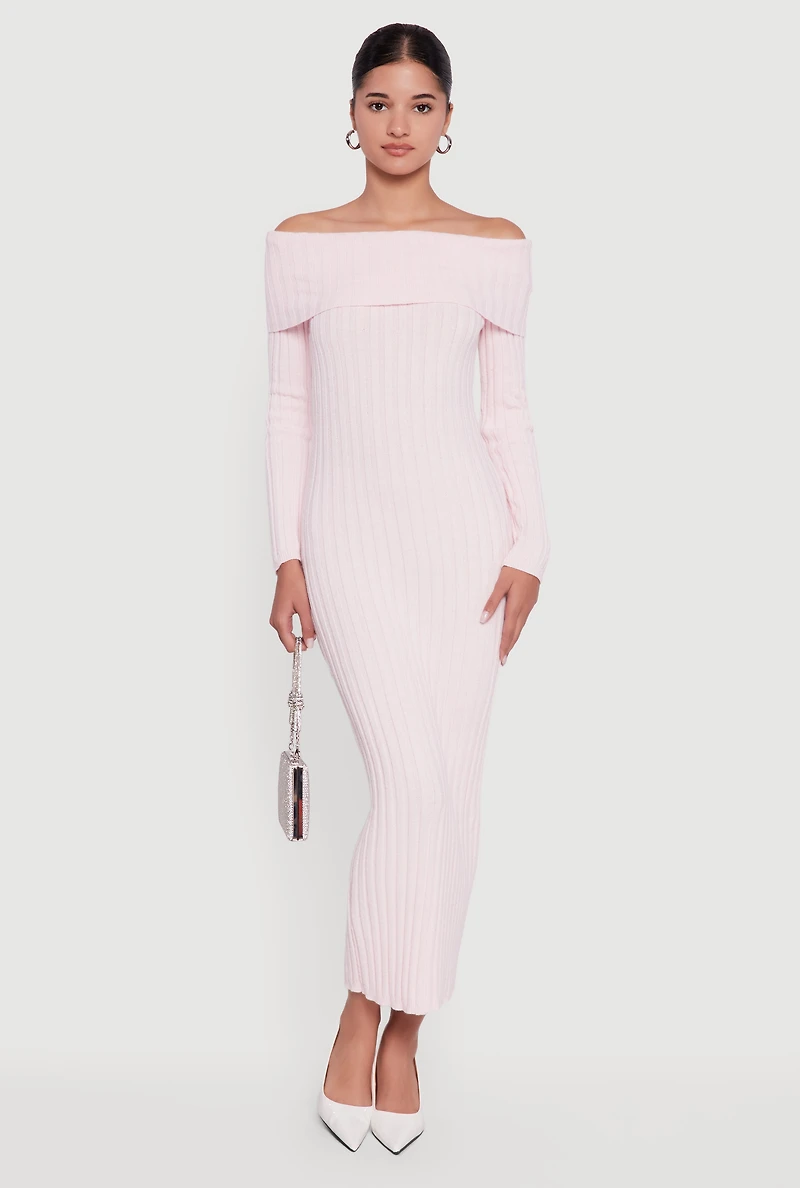 Womens Rib Knit Fold Over Off the Shoulder Maxi Dress, Pink, Size XL