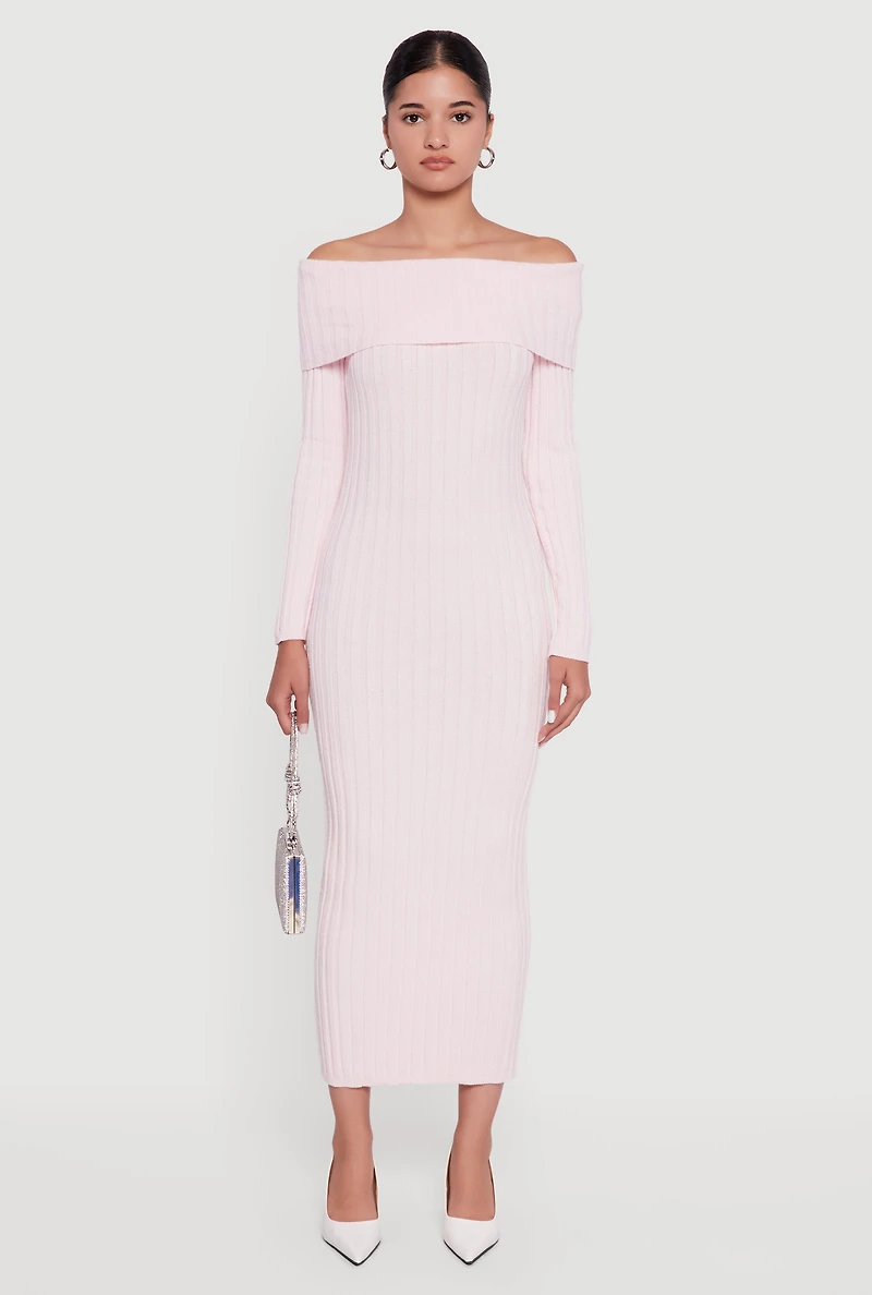 Womens Rib Knit Fold Over Off the Shoulder Maxi Dress, Pink,