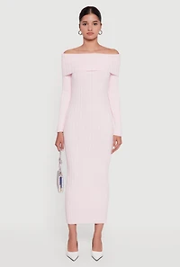 Rib Knit Fold Over Off the Shoulder Maxi Dress