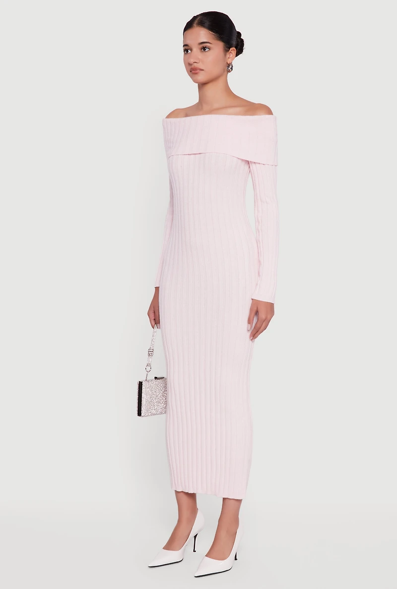 Rib Knit Fold Over Off the Shoulder Maxi Dress