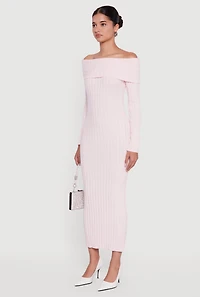 Rib Knit Fold Over Off the Shoulder Maxi Dress