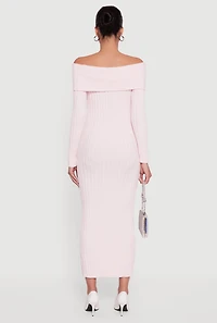 Rib Knit Fold Over Off the Shoulder Maxi Dress
