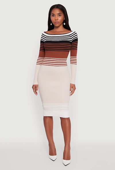 Womens Color Block Long Sleeve Bodycon Sweater Dress, Multi, Size L