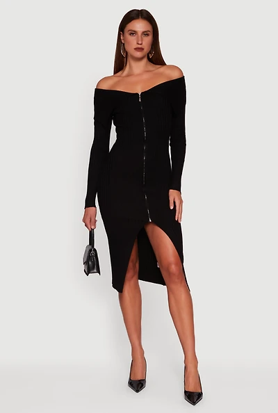 Womens Almost Famous Zip Front Fold Over Off the Shoulder Dress,