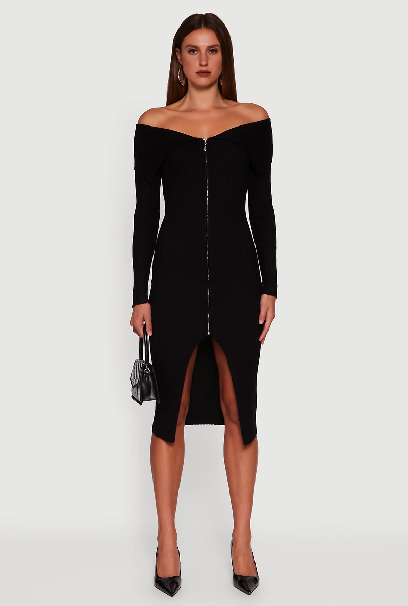 Womens Almost Famous Zip Front Fold Over Off the Shoulder Dress, Black, Size M