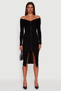 Womens Almost Famous Zip Front Fold Over Off the Shoulder Dress, Black, Size M