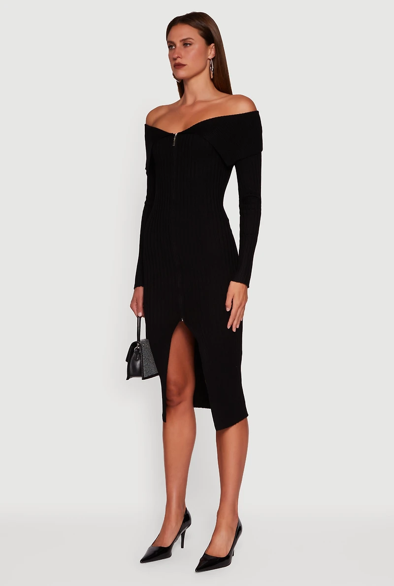 Womens Almost Famous Zip Front Fold Over Off the Shoulder Dress, Black, Size M