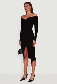 Womens Almost Famous Zip Front Fold Over Off the Shoulder Dress, Black, Size M