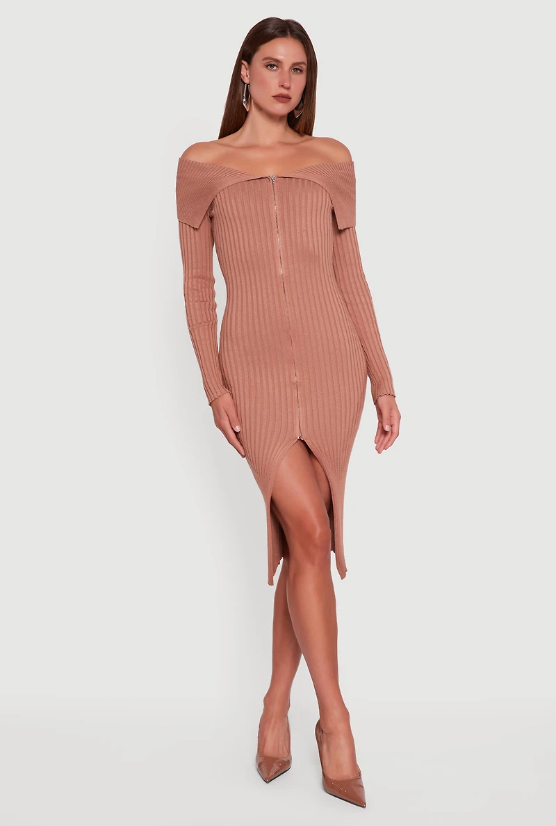 Womens Almost Famous Zip Front Fold Over Off the Shoulder Dress,